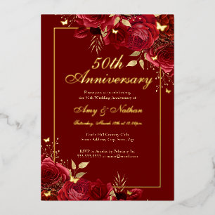 Floral Butterfly Red 50th Wedding Jubileum Folie Uitnodiging