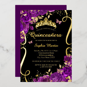 Floral Butterfly Scroll Paarse Zwarte Quinceanera Folie Uitnodiging