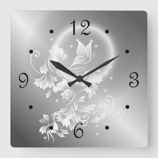 Floral Butterfly Silver Numbers Vierkante Klok (Voorkant)