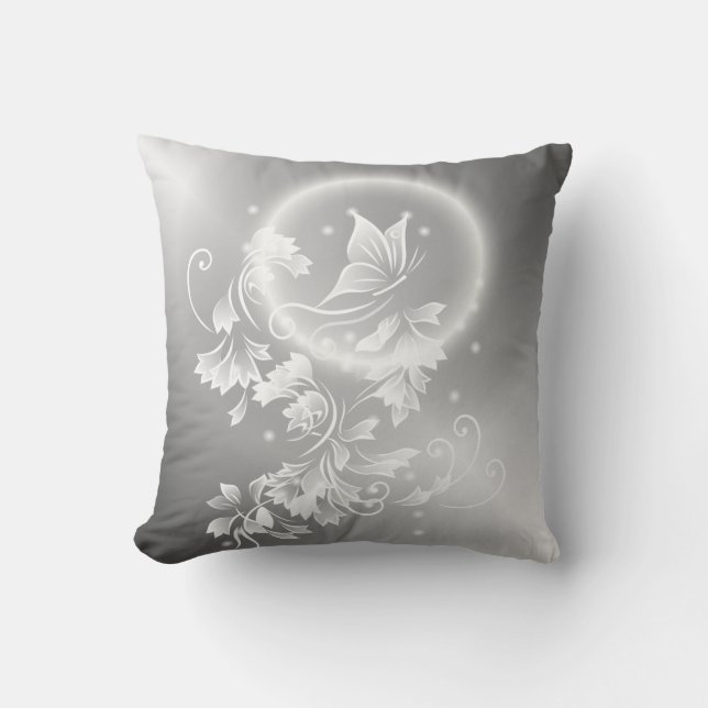 Floral Butterfly Silver White Fantasy Kussen (Voorkant)