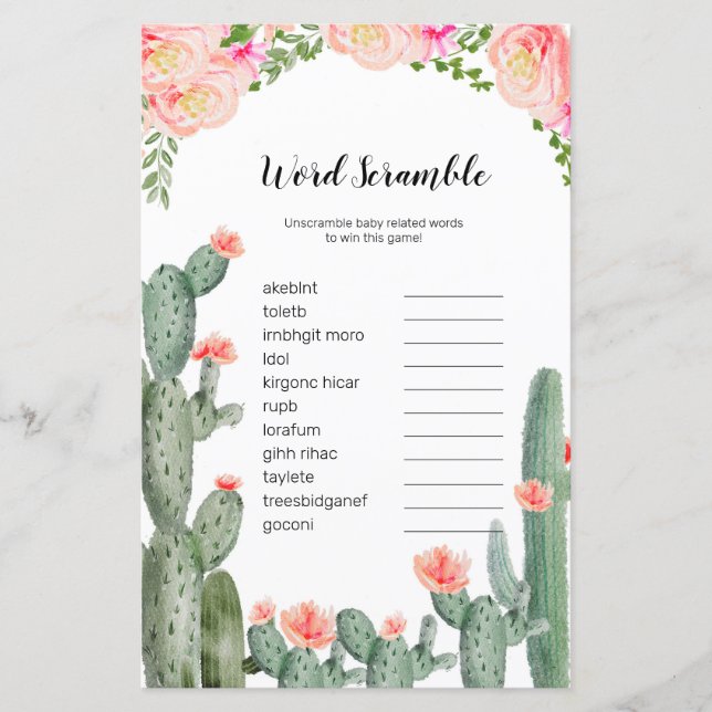 Floral Cactus Waterverf Word Scramble (Voorkant)