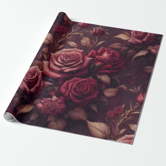 Floral Cadeaupapier - Bourgogne en Rood (Uitgerold)