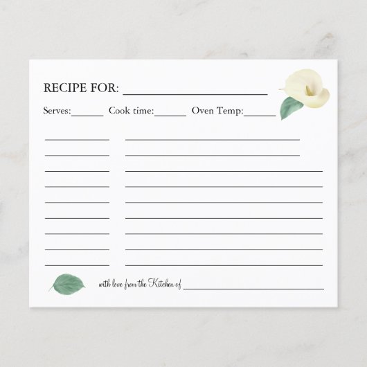 Floral Calla Lilies Greenery Recipe Kaart (Voorkant)