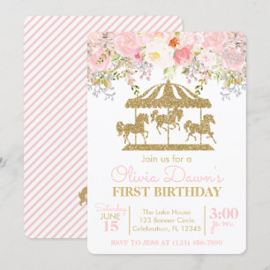 Floral Carousel Pink en Gold Girl Birthday Kaart