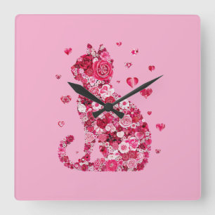 Floral Cat Silhouette ArtFaux Ingepakt Canvas Prin Vierkante Klok