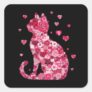 Floral Cat Silhouette ArtFaux Ingepakt Canvas Prin Vierkante Sticker