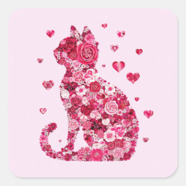 Floral Cat Silhouette ArtFaux Ingepakt Canvas Prin Vierkante Sticker
