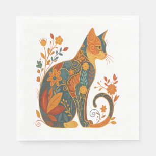 Floral Cat Silhouette – Kleurrijke  Botanische Servet