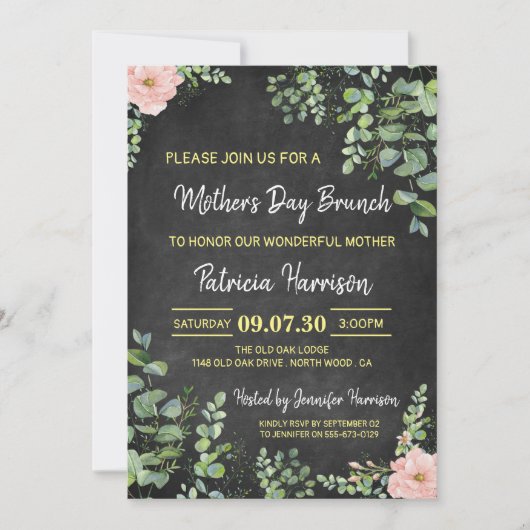 Floral Chalkboard Moederdag Brunch Uitnodiging (Voorkant)