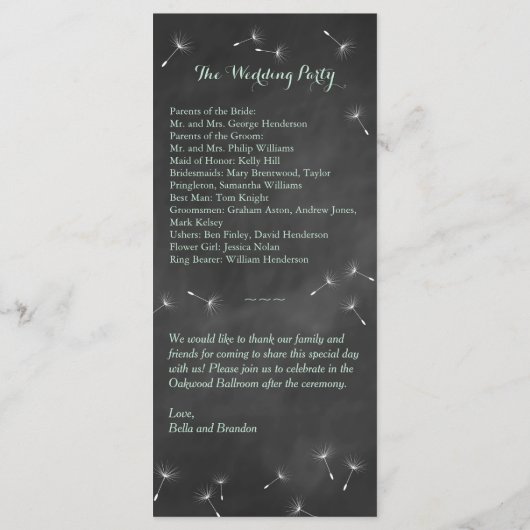 Floral Chalkboard Wedding Programme (menthe) (Dos)