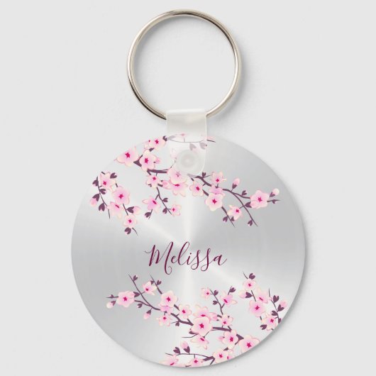 Floral Cherry Blosbezinkroze Silver Sleutelhanger (Voorkant)