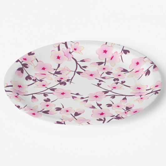 Floral Cherry Blosbezroze White Papieren Bordje (Gekanteld)
