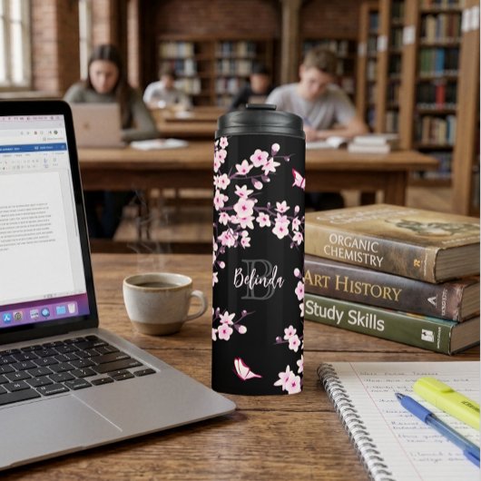 Floral Cherry Blossingroze Monogram Thermosbeker