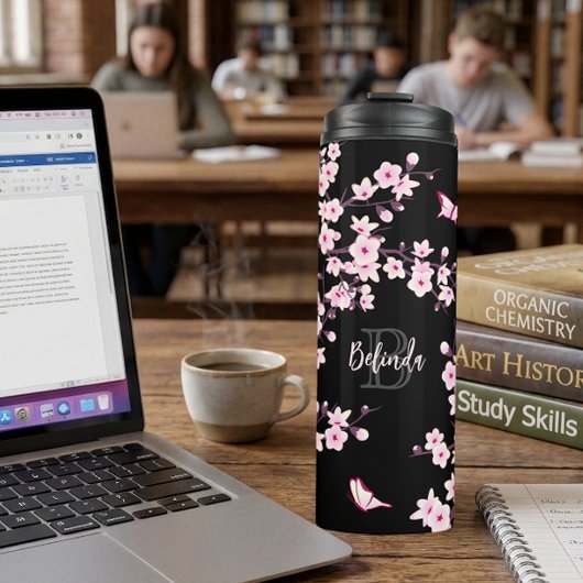Floral Cherry Blossingroze Monogram Thermosbeker