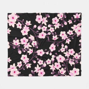 Floral Cherry Blossom Black Roze Fleece Deken