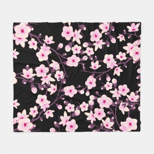 Floral Cherry Blossom Black Roze Fleece Deken (Voorkant (Horizontaal))