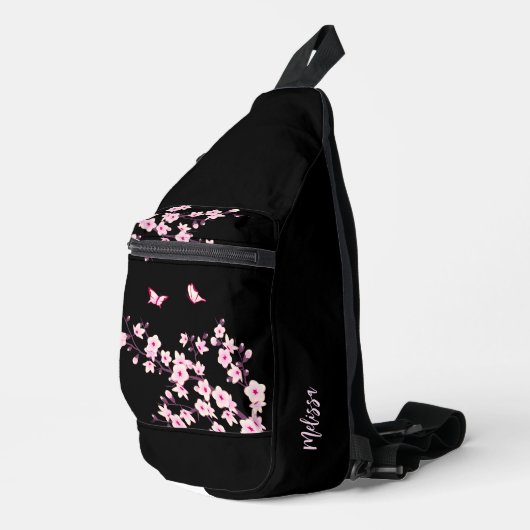 Floral Cherry Blossom Black Roze Monogram Sling Bag (Rechterhoek)