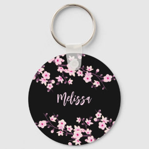 Floral Cherry Blossom Black Roze Sleutelhanger