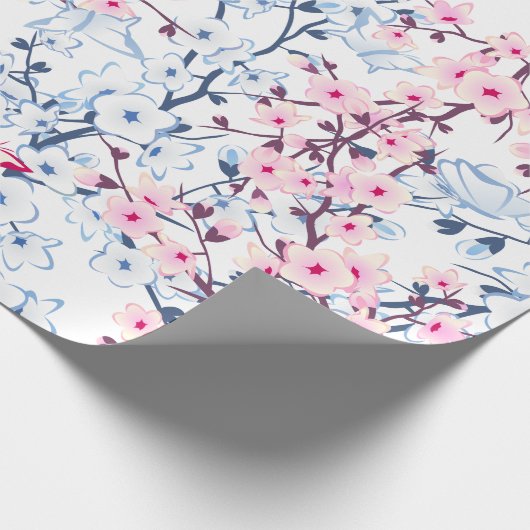 Floral Cherry Blossom Blue Pink Cadeaupapier (Hoek)