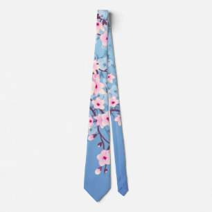 Floral Cherry Blossom Blue Pink Stropdas