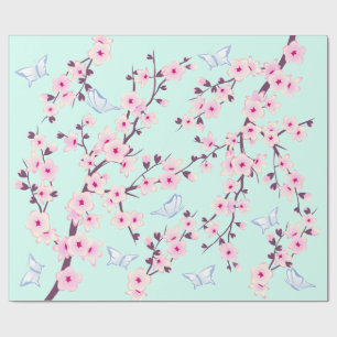 Floral Cherry Blossom Butterflies Mint Pattern Cadeaupapier