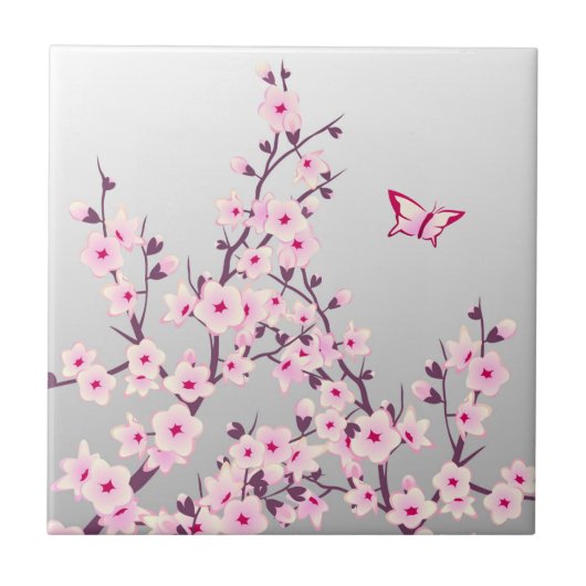 Floral Cherry Blossom Butterfly Pink Grey Tegeltje (Voorkant)