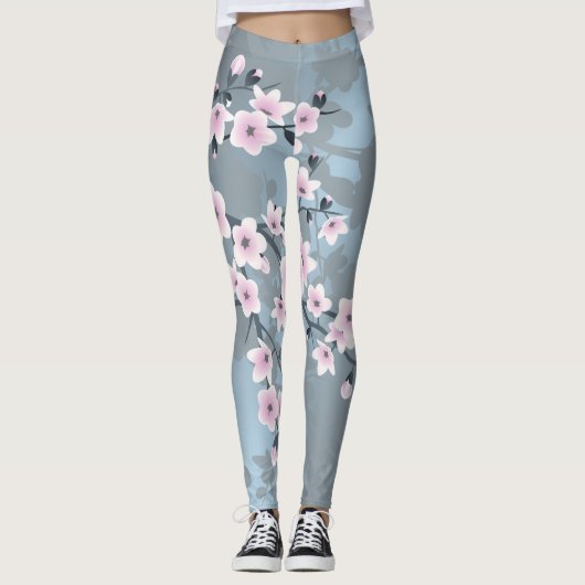 Floral Cherry Blossom Dusty Pink Blue Leggings (Voorkant)