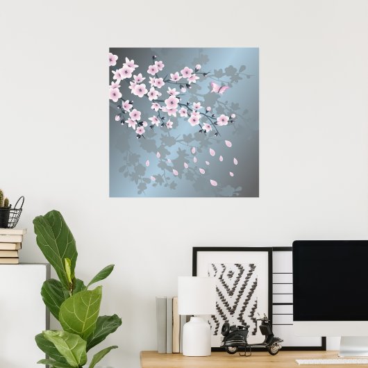 Floral Cherry Blossom Dusty Pink Blue Poster (Thuiskantoor)