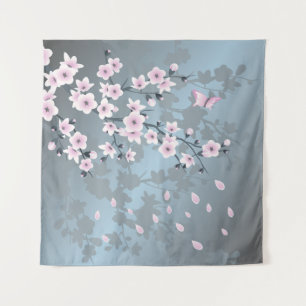 Floral Cherry Blossom Dusty Pink Blue Wandkleed