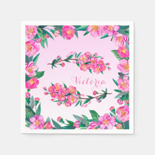 Floral Cherry Blossom Flowers Branch Pink Monogram Servetten
