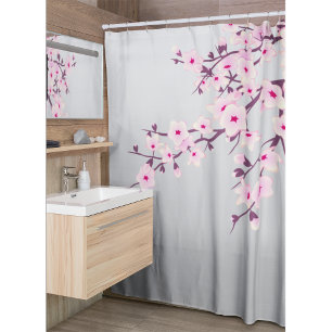 Floral Cherry Blossom Gray Pink Douchegordijn
