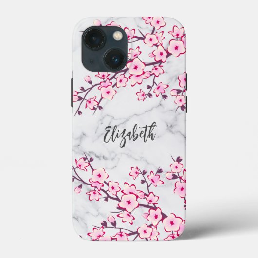 Floral Cherry Blossom Light Grey Marble Monogram Case-Mate iPhone Case (Achterkant)