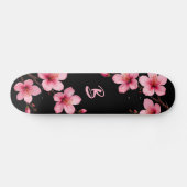 Floral Cherry Blossom Monogram Black Pink Girly Skateboard (Horizontaal)