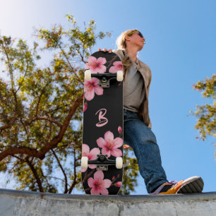 Floral Cherry Blossom Monogram Black Pink Girly Skateboard