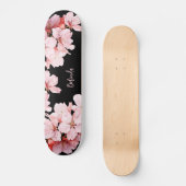 Floral Cherry Blossom Monogram Black Pink Girly Skateboard (Voorkant)