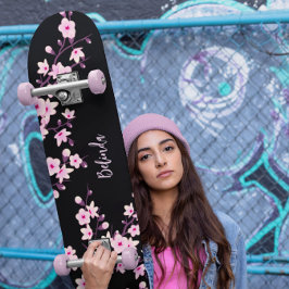 Floral Cherry Blossom Monogram Black Pink Girly Skateboard