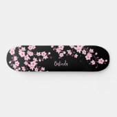 Floral Cherry Blossom Monogram Black Pink Girly Skateboard (Horizontaal)