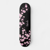 Floral Cherry Blossom Monogram Black Pink Girly Skateboard (Voorkant)