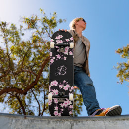 Floral Cherry Blossom Monogram Black Roze Skateboard