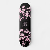 Floral Cherry Blossom Monogram Black Roze Skateboard (Voorkant)