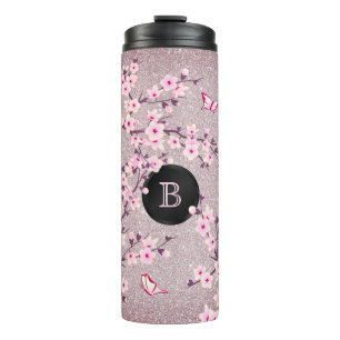 Floral Cherry Blossom Monogram Mauve Glitter Thermosbeker