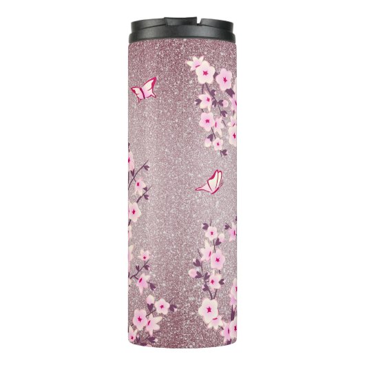 Floral Cherry Blossom Monogram Mauve Glitter Thermosbeker (Achterkant)