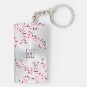 Floral Cherry Blossom Monogram Pink Silver Sleutelhanger (achterkant)