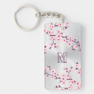 Floral Cherry Blossom Monogram Pink Silver Sleutelhanger