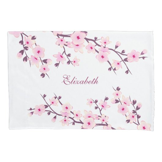 Floral Cherry Blossom Monogram Pink White Pillow Kussensloop (Voorkant)