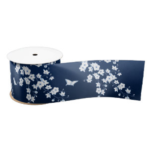Floral Cherry Blossom Navy Blue White Lint