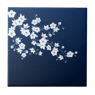 Floral Cherry Blossom Navy Blue White Tegeltje