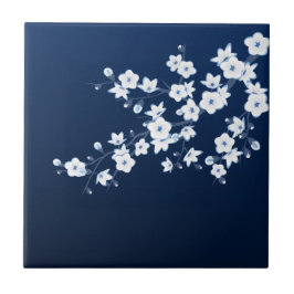 Floral Cherry Blossom Navy Blue White Tegeltje