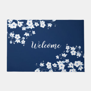 Floral Cherry Blossom Navy Blue White Welkom Deurmat