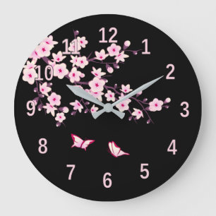 Floral Cherry Blossom Pink Black Grote Klok